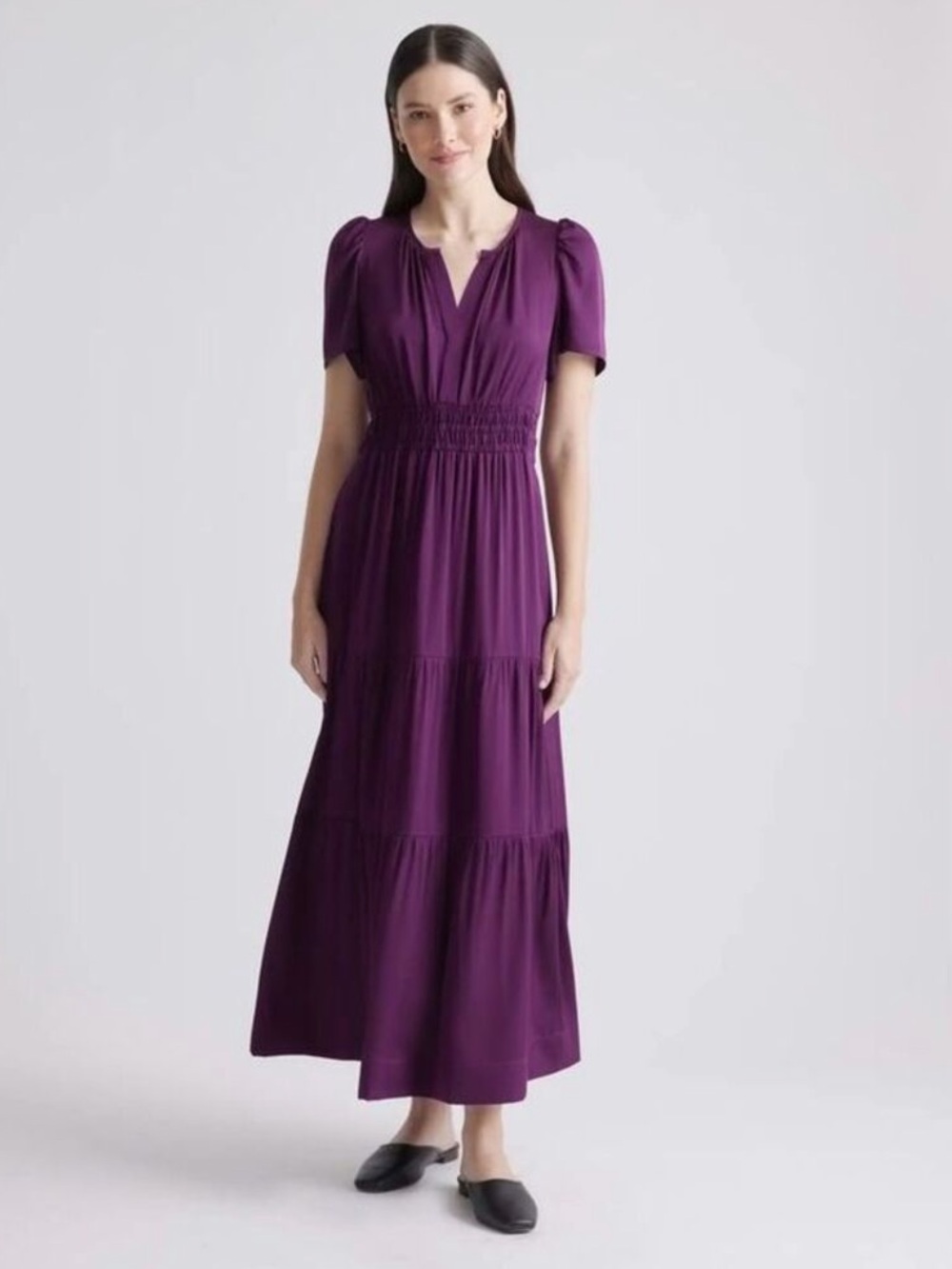Quince S Washable Stretch Silk Tiered Maxi Dress in Eggplant
